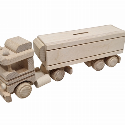 Blanco houten spaarpot vrachtwagen